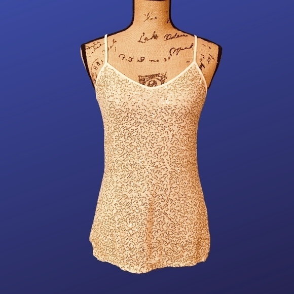 Express SEQUIN cami tank, rounded neck shell, GOLD, women's small petite, EUC - Picture 1 of 6